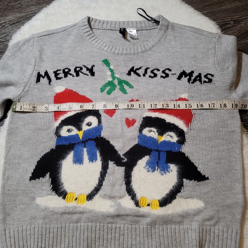 H&M Merry Penguins "Kiss-mas" Christmas Sweater In Grey Sz S - Picture 3 of 6